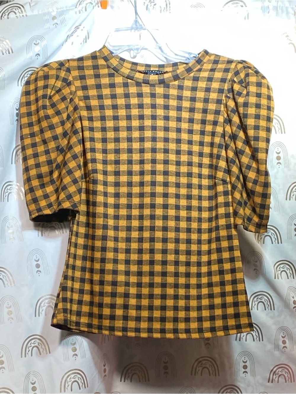 Haute Monde Mustard and Black Gingham Puff-Sleeve Top